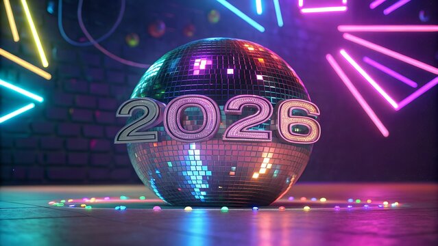 Neon Party Background with Disco Ball and Metallic 2026 Typography – Retro Futuristic New Year Design,Colorful Disco Lights Reflecting on Shiny 2026 Numbers – Vibrant New Year Celebration Concept