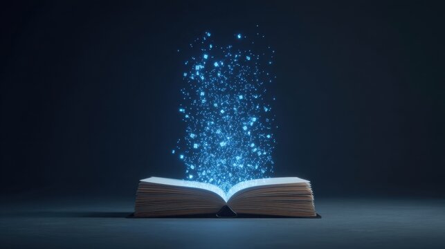 Open Book with Glowing Particles Emerging in Dark Background, Symbolizing Knowledge, Imagination, and Creativity in a Mystical Way
