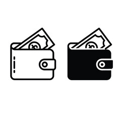 Two scalable vector wallet icons one outline and one solid with cash inside for financial projects vector illustration white background