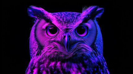 neon, purple owl on black background