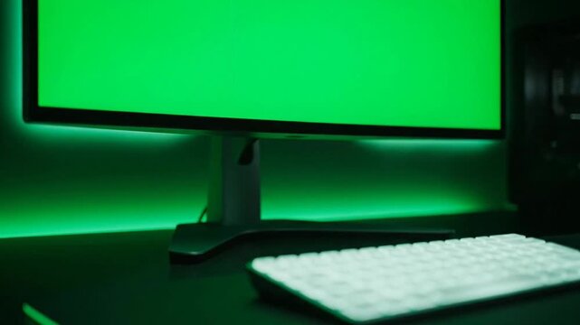 Close-up of a computer monitor with a green screen and keyboard on a desk with green backlighting.
