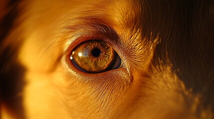 Close-up of a canine's radiant amber eye in warm light, showcasing detail