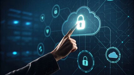 Fototapeta premium Hand Pointing at Digital Cloud Storage Interface with Security Icons