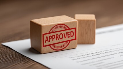 Wooden stamp with approved text on document, showcasing business concepts, validation, and professionalism in office environment