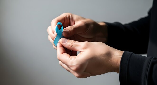 Person Holding Blue Awareness Ribbon in Hands on Gray Background
