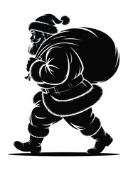 Crisp black silhouette vector illustration of santa claus with sack of gifts for christmas festive season vector illustration white background