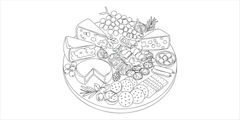 cheese and charcuterie board featuring variety of cheeses, fruits, and crackers continuous single line art drawing sketch on white background
