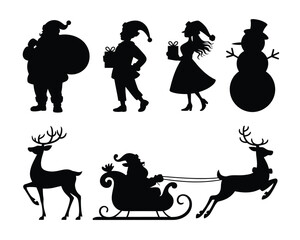 Elegant black silhouette collection festive christmas characters and reindeer sleigh vector illustration for eps vector illustration white background