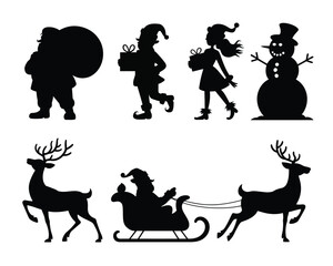 Collection of crisp black silhouette christmas characters and reindeer vector illustration scalable eps icon vector illustration white background