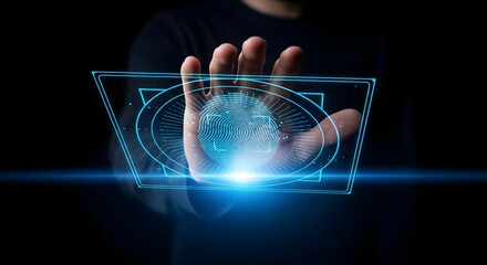 Advanced cyber security concept showing a hand unlocking a system via a futuristic fingerprint recognition interface