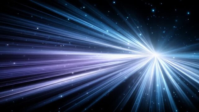 Abstract bright light rays glowing with blue and purple beams in a starfield background, concept of speed, energy, or futuristic data.