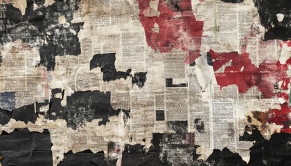 Fototapeta premium The illustration shows a textured background composed of layered pieces of old newspaper with visible text, interspersed with areas of red and black paint or ink.