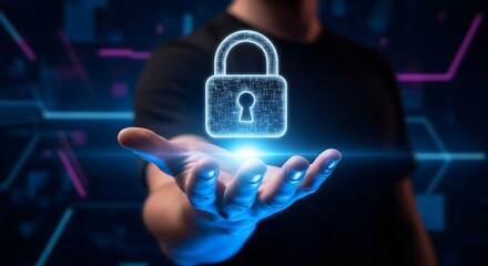 Digital security concept with a glowing padlock icon over an open hand, symbolizing data protection and privacy in a futuristic technological landscape