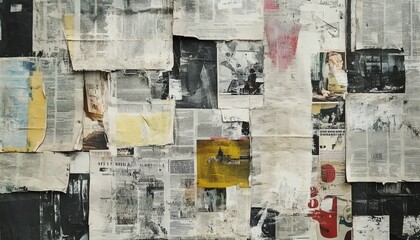 The illustration shows a wall covered in various newspaper clippings, layered and overlapping with paint splatters and textures.