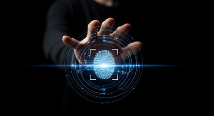 Futuristic biometric fingerprint scanner provides secure digital authentication, symbolizing advanced technology, data protection, and modern access control