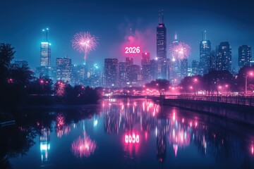 Fototapeta premium celebration of 2026 with fireworks over city skyline