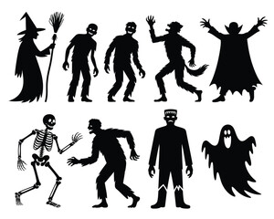 Halloween silhouette vector graphics collection spooky characters for festive design and illustration needs vector illustration white background