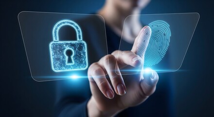 Biometric security and data protection, finger print and digital lock icons, secure data access concept