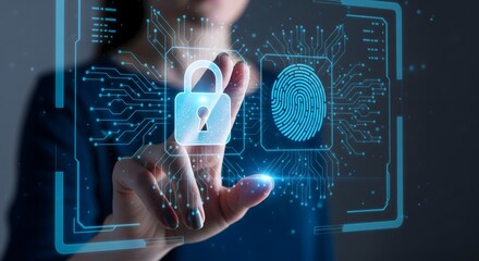 Person's hand touching a futuristic digital screen with padlock and fingerprint icons representing advanced cybersecurity and data protection for online privacy and network security