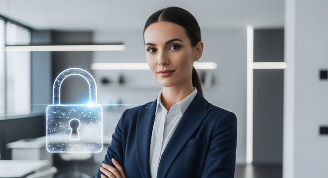 Confident businesswoman in a modern office with a glowing digital padlock overlay, symbolizing robust cybersecurity and data protection for professional environments and sensitive information