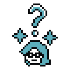 Cute pixel cartoon character woman with question mark decoration 8 bit female girl confused idea question think choose cartoon pixel game lady vector.