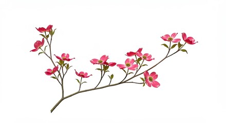 Branch of vibrant pink dogwood blossoms against a white backdrop.