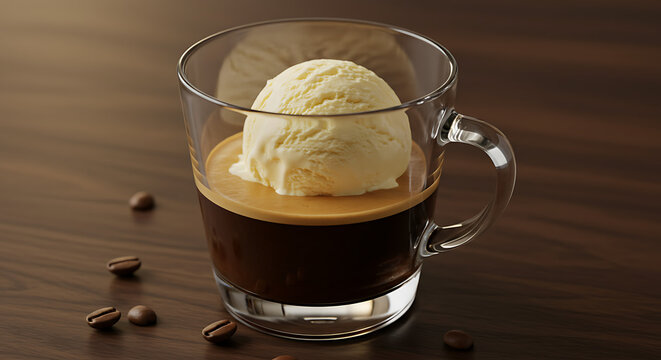 A delicious affogato dessert with a scoop of vanilla ice cream floating on rich dark espresso coffee in a clear glass mug on a wooden table.