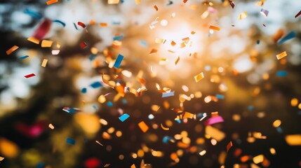 Colorful confetti falling against a blurred background of trees and sunlight