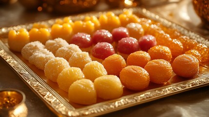 Colorful assortment of traditional sweets on a golden tray.  