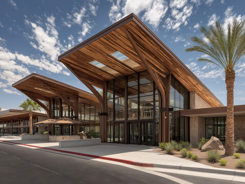 The modern terminal of Palm Springs Airport with palm trees