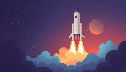 Naklejka premium A stylized illustration depicts a rocket ascending through colorful clouds against a backdrop of stars and a planet, during what seems to be either sunrise or sunset.