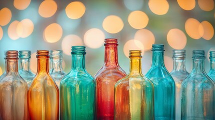 Colorful glass bottles arranged against a bokeh background