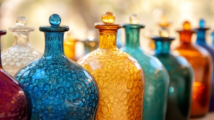 Colorful glass bottles with textured surfaces