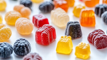 Colorful gummy candies assortment.  Close-up view of various shapes and colors of gummy candies.  A mix of small, chewy, fruit-flavored treats