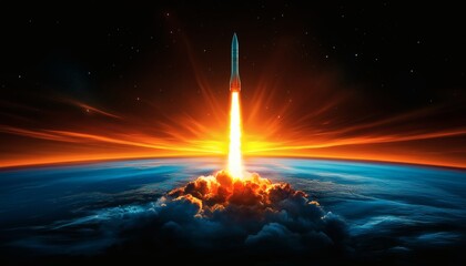 A rocket launches from Earth into space during a vibrant sunrise, leaving a fiery trail behind it.