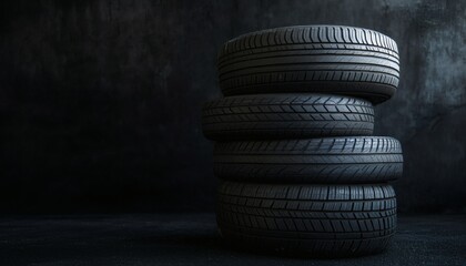Four used tires are stacked on a dark surface, set against a dark gray textured wall, the image is dark and moody.