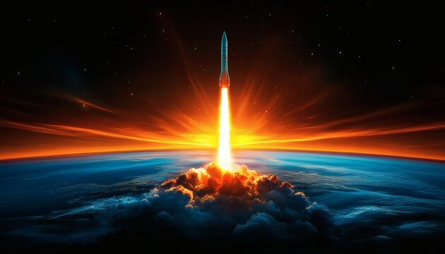 A rocket launches from Earth into space during a vibrant sunrise, leaving a fiery trail behind it.