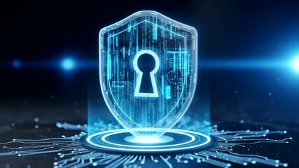 Digital shield representing cybersecurity with a glowing keyhole design