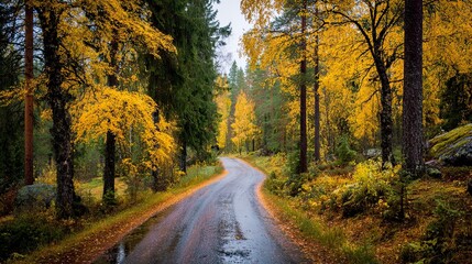 Fototapeta premium Scenic Forest Road in Autumn with Yellow and Green Foliage and Wet Pavement