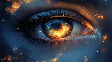 Cosmic eye reflecting nebula, starry sky, and fiery glows in dark blue and gold tones