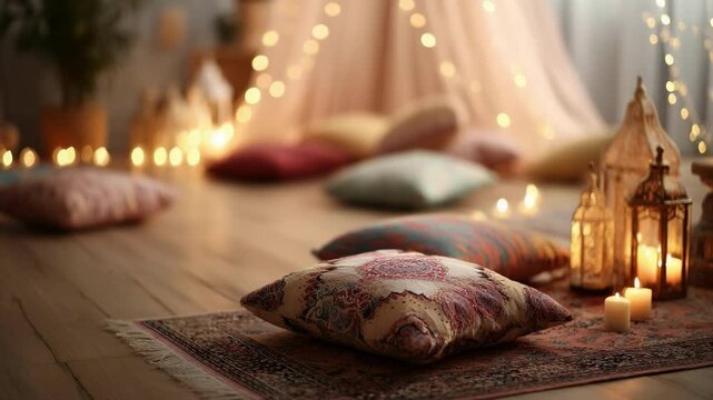 Cozy bohemian indoor space with cushions on a rug, soft fairy lights, and lanterns and candles creating a warm, relaxing ambiance.