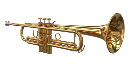 A gleaming golden brass trumpet with three valves and a flared bell isolated on transparent background