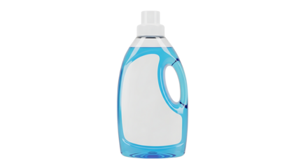 A tall blue and white plastic bottle with a handle containing liquid detergent isolated on transparent background
