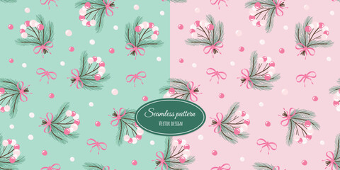 Delicate festive, winter vintage background and seamless pattern with bows, butterflies, berries and fir branches. Vector design for bed linen, fabrics, wallpaper, wrapping paper and more.
