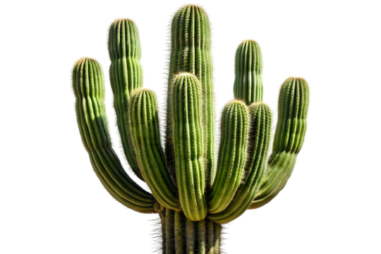 Tall green saguaro cactus with multiple arms isolated on transparent background