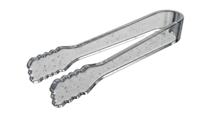 Shiny metal kitchen tongs with serrated gripping ends isolated on transparent background