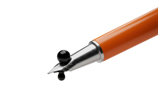 Vibrant orange polymer pen, stainless steel nib, spherical glistening black ink droplet poised, macro ultra-close-up against a transparent background with shadow, highlighting precision and elegance - Powered by Adobe