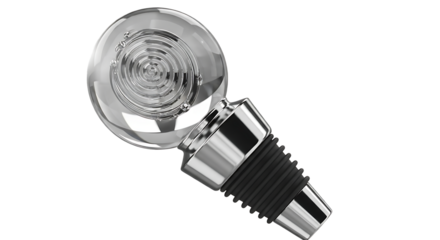 Elegant clear glass wine bottle stopper with chrome accents isolated on transparent background