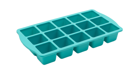 Turquoise silicone ice cube tray with sixteen square compartments isolated on transparent background