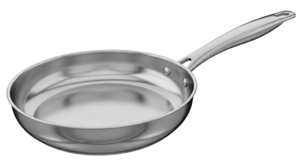 Shiny stainless steel saucepan with long handle isolated on transparent background